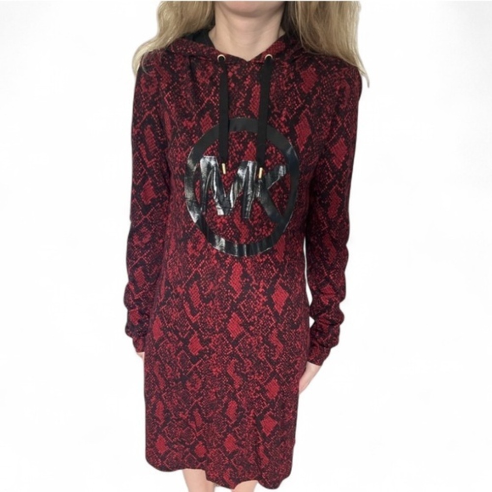 Michael Kors Red and Black Python Snakeskin Hooded Logo Dress Size XS. Knit.